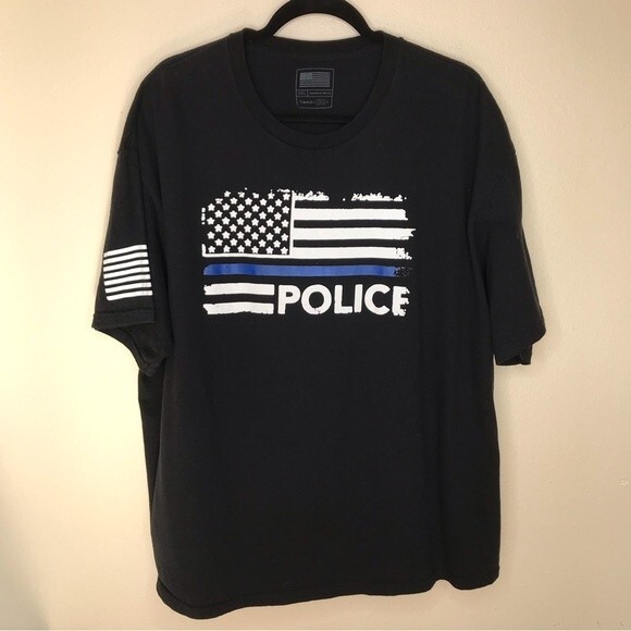 Police Thin Blue Line American Flag Black T Shirt Short Sleeve Crew Neck XXL - Picture 9 of 9